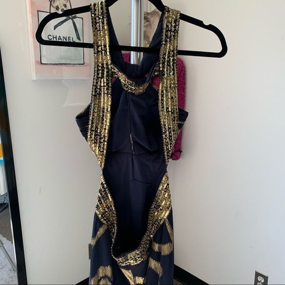 BETSEY & ADAM Open Back Cut Out Dress Blue Gold Size 2 - Picture 3 of 15